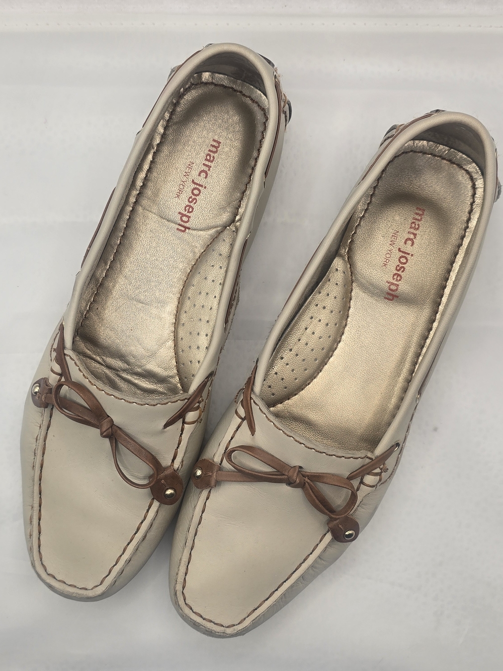 Marc Joseph Cream Leather Bow-Trim Driving Loafers